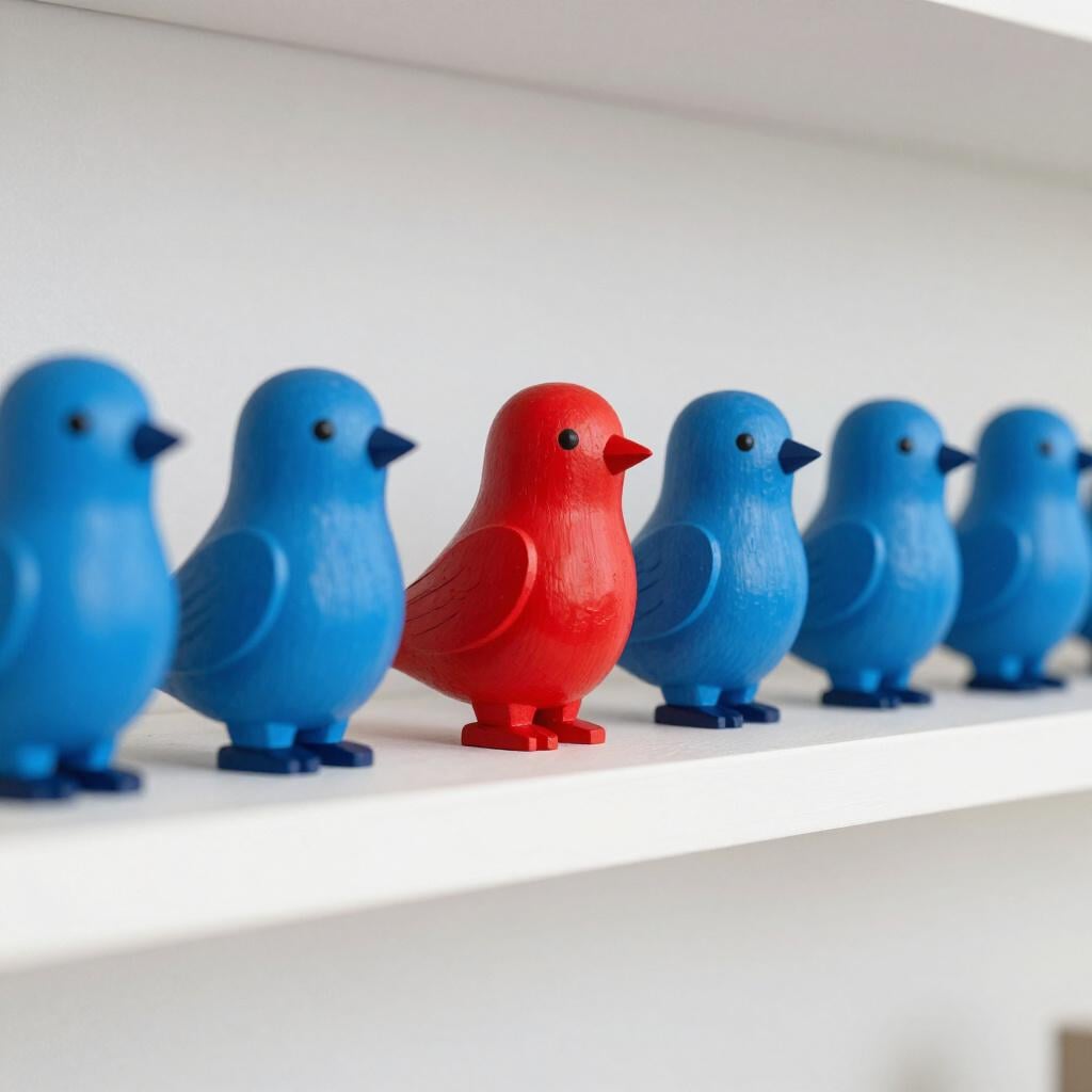 A row of blue birds with one bird painted bright red.