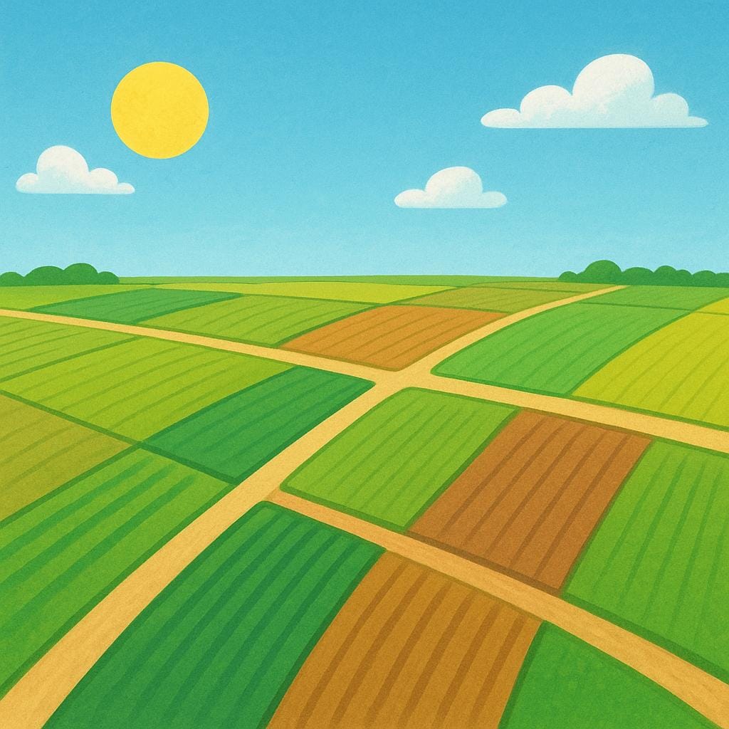 A wide, expansive view of agricultural land. The scene shows neatly plowed brown fields and planted green fields under a bright blue sky, illustrating farmland.