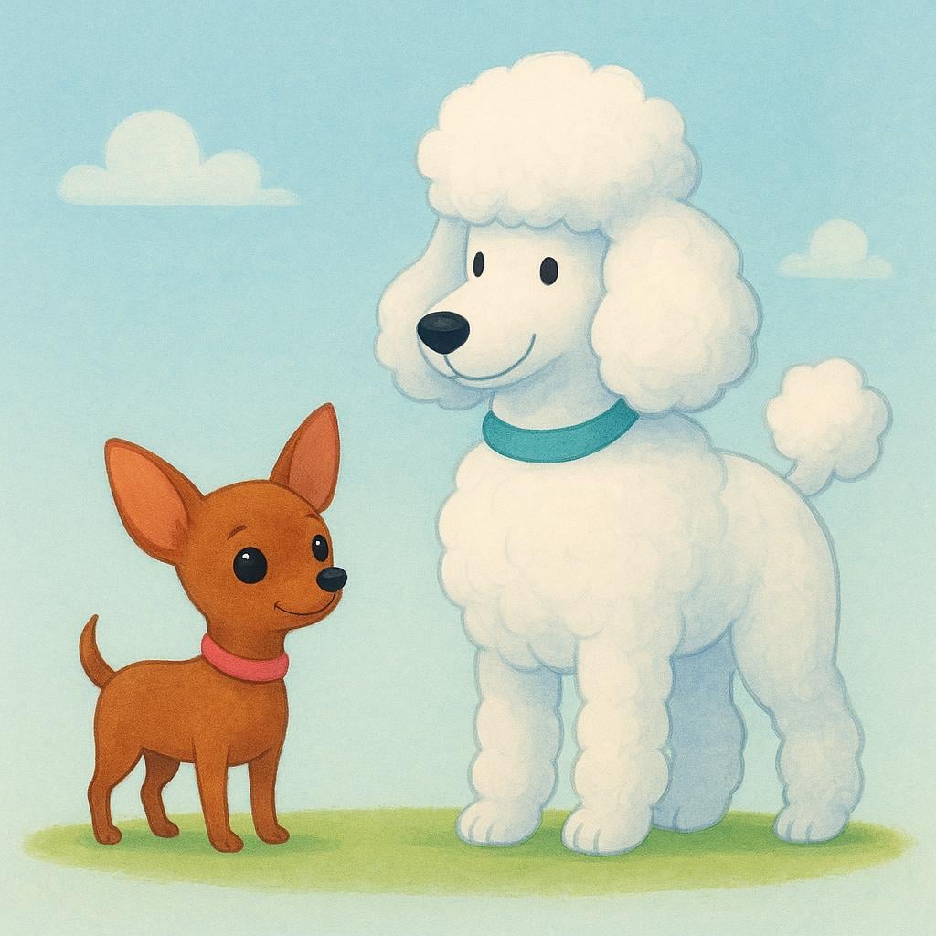 A simple storybook illustration showing two very different types of dogs, a small brown chihuahua and a large fluffy white poodle, standing near each other.