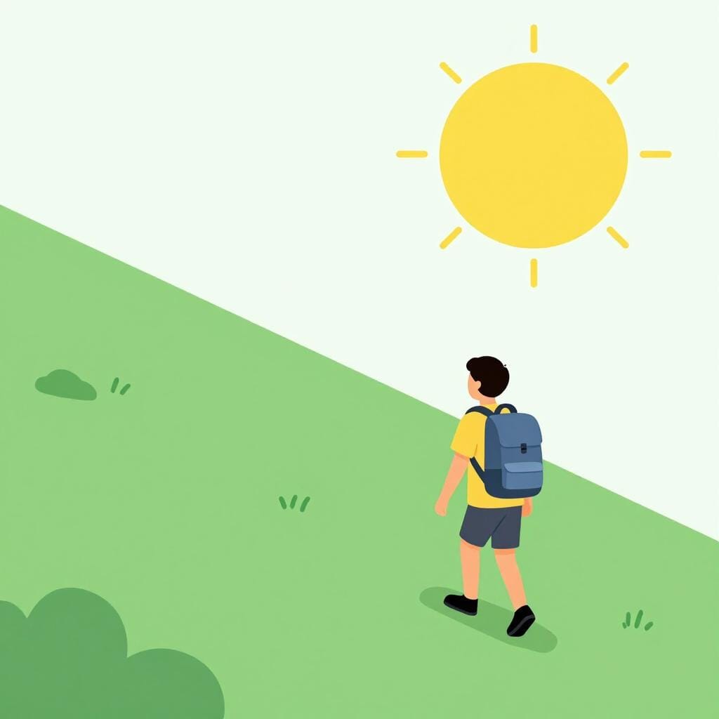 Um alpinista subindo por um caminho de montanha íngreme e verde em direção ao cume.