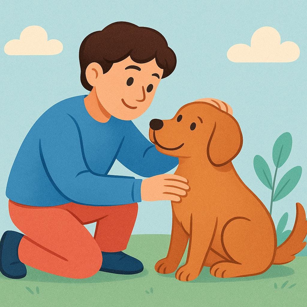 A colorful illustration of a person smiling warmly while gently petting a dog they clearly recognize.