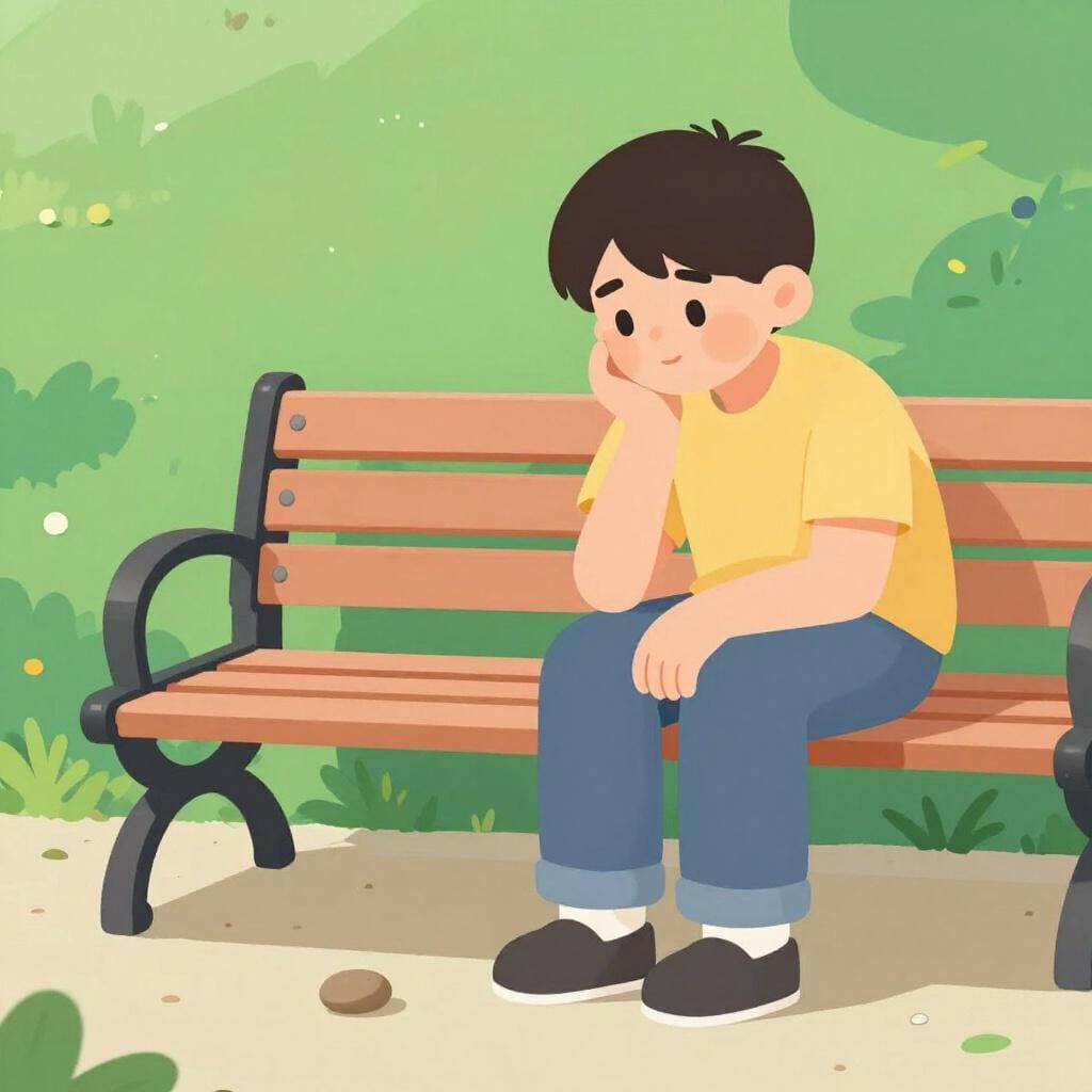 A person sitting on a wooden bench in a quiet park, resting their chin on their hand with a thoughtful expression.