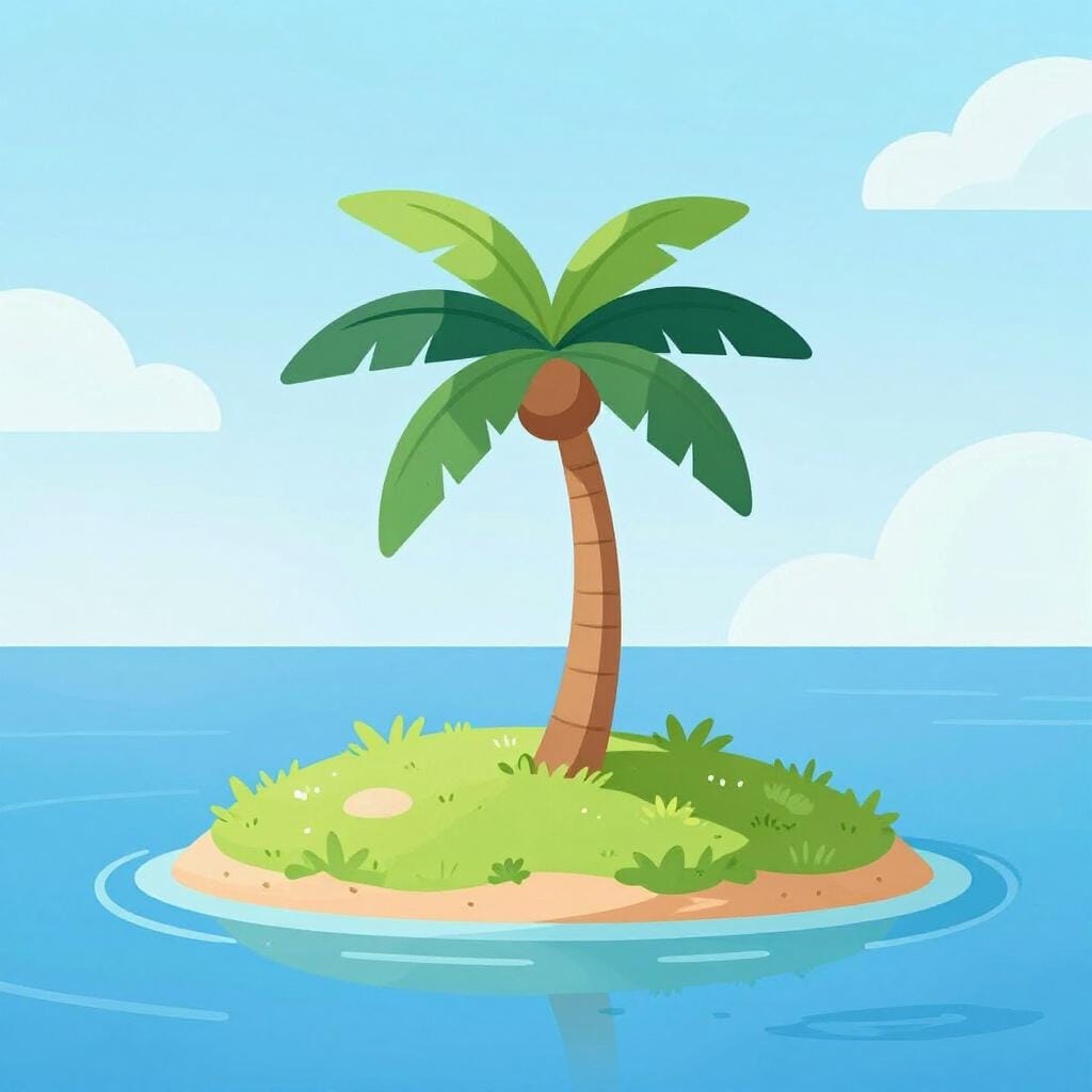 A single small island with one palm tree in the middle of a vast blue ocean.