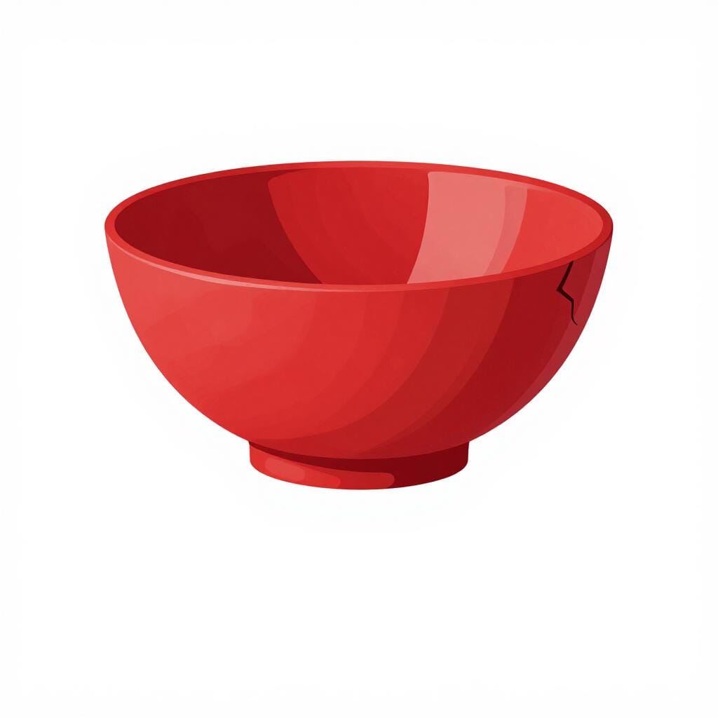 A shiny red ceramic bowl with a small, visible crack on one side.