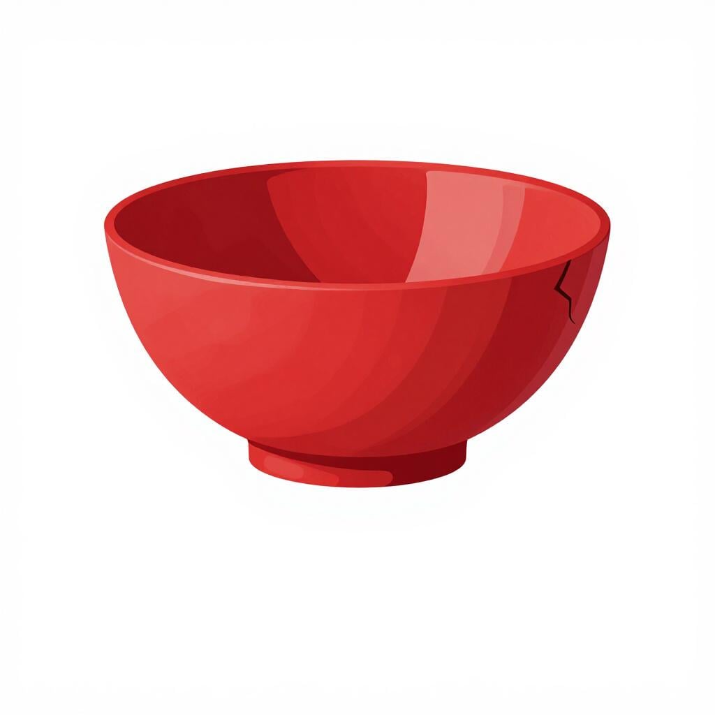 A shiny red ceramic bowl with a small, visible crack on one side.
