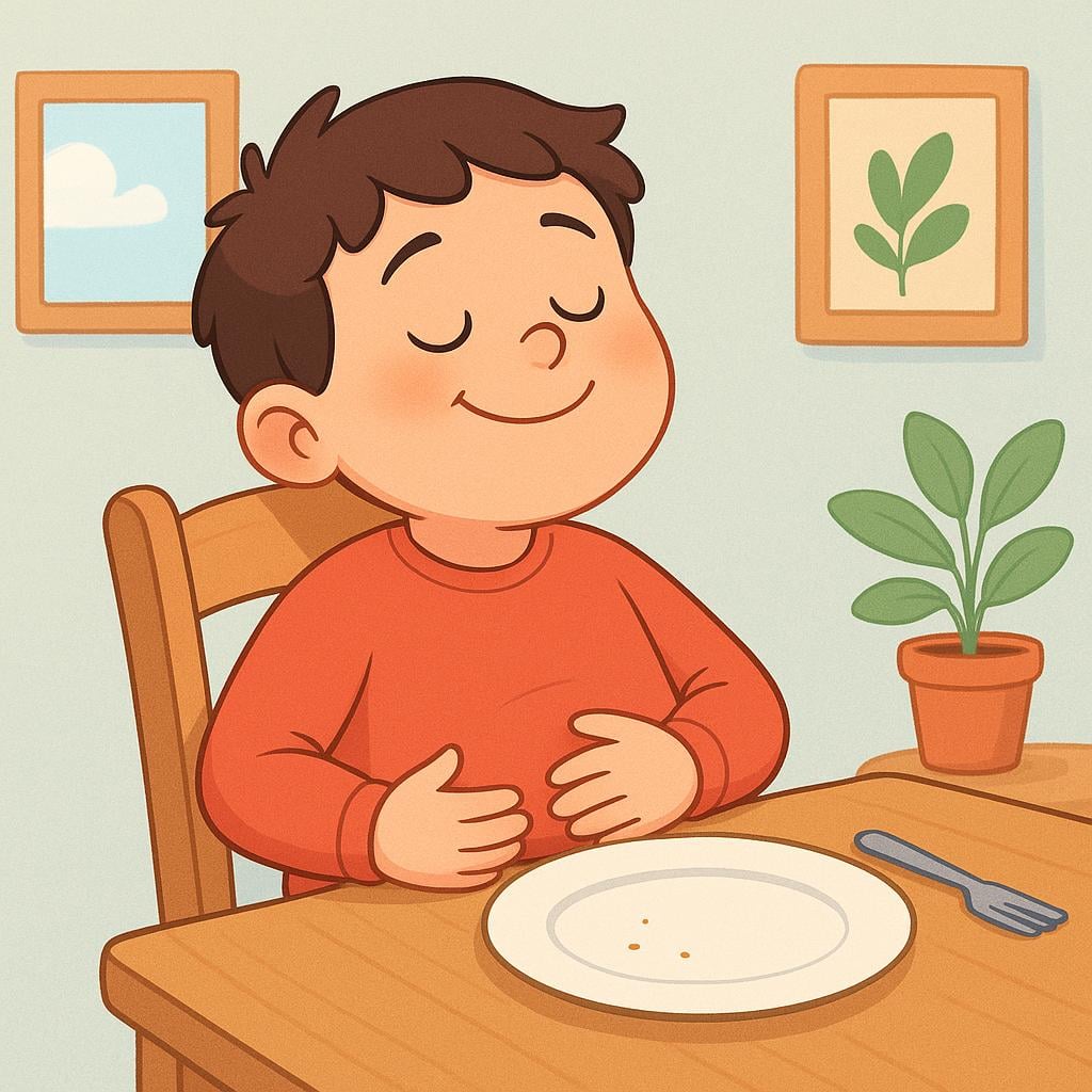 A cartoon character sitting back from an empty plate, smiling contentedly and rubbing their full stomach.