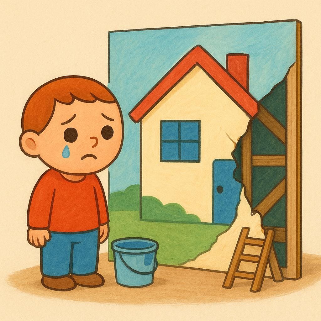 Um personagem triste ao lado de um cenário claramente falso e pintado que deveria parecer uma casa real, percebendo que foi enganado.