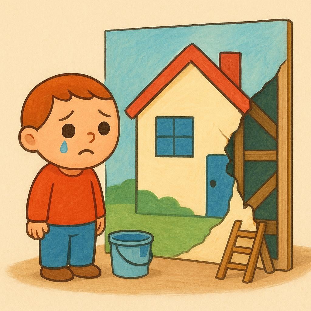 A sad character standing next to a clearly fake, painted backdrop that was supposed to look like a real house, realizing they have been deceived.
