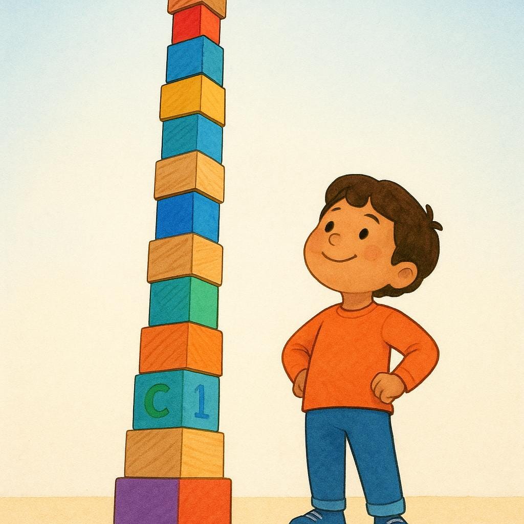 A character proudly looking at a very tall, stable tower of colorful wooden blocks they successfully finished building, symbolizing gained skill or experience.