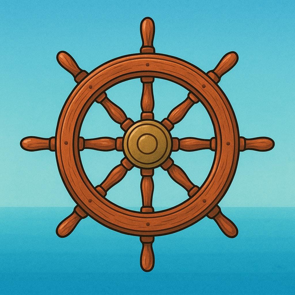 A simple wooden ship's steering wheel, also known as a helm, centered on a blue background representing the ocean.