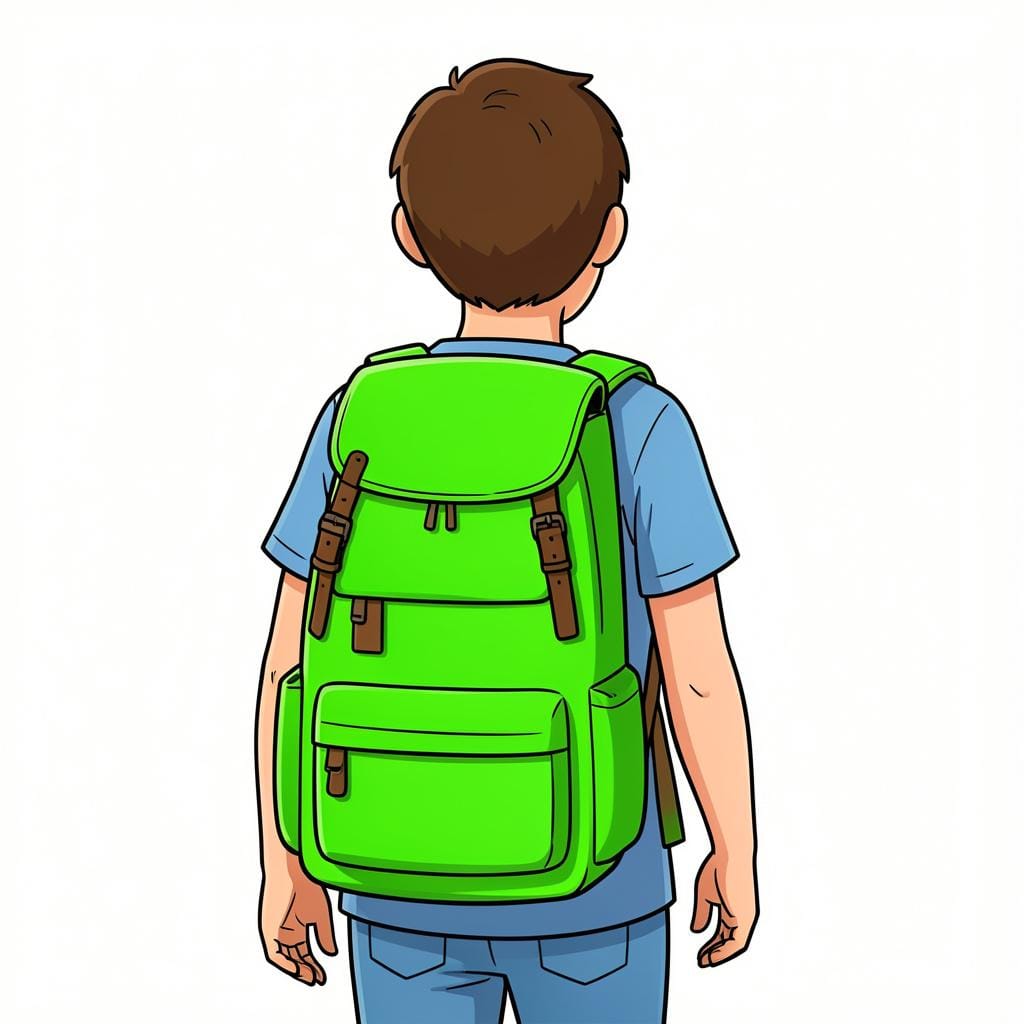 A colorful storybook illustration showing the back view of a person wearing a green backpack.