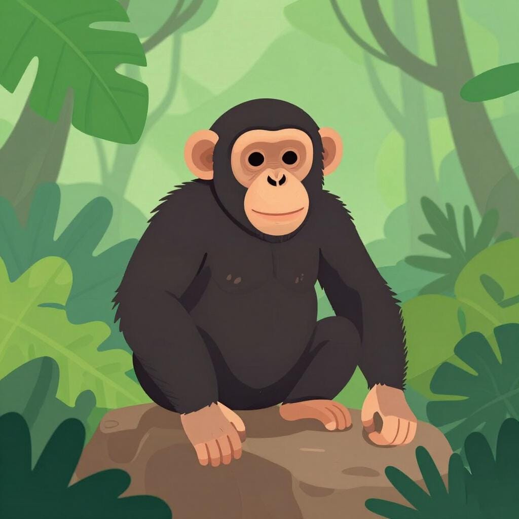 A friendly chimpanzee with dark fur and a light-colored face sitting on a mossy rock in a lush green jungle.