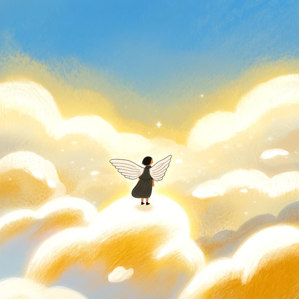 A peaceful, ethereal landscape composed entirely of soft white and gold clouds, representing a heavenly paradise.