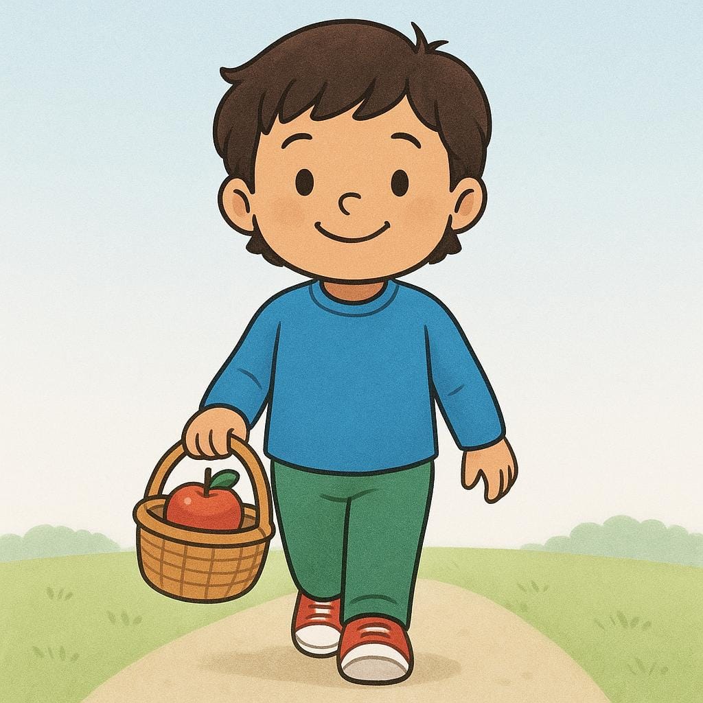 A child wearing a blue shirt and red shorts is smiling while carrying a small woven basket holding a bright red apple, walking directly toward the viewer.