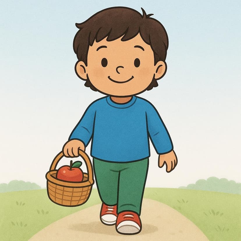 A child wearing a blue shirt and red shorts is smiling while carrying a small woven basket holding a bright red apple, walking directly toward the viewer.