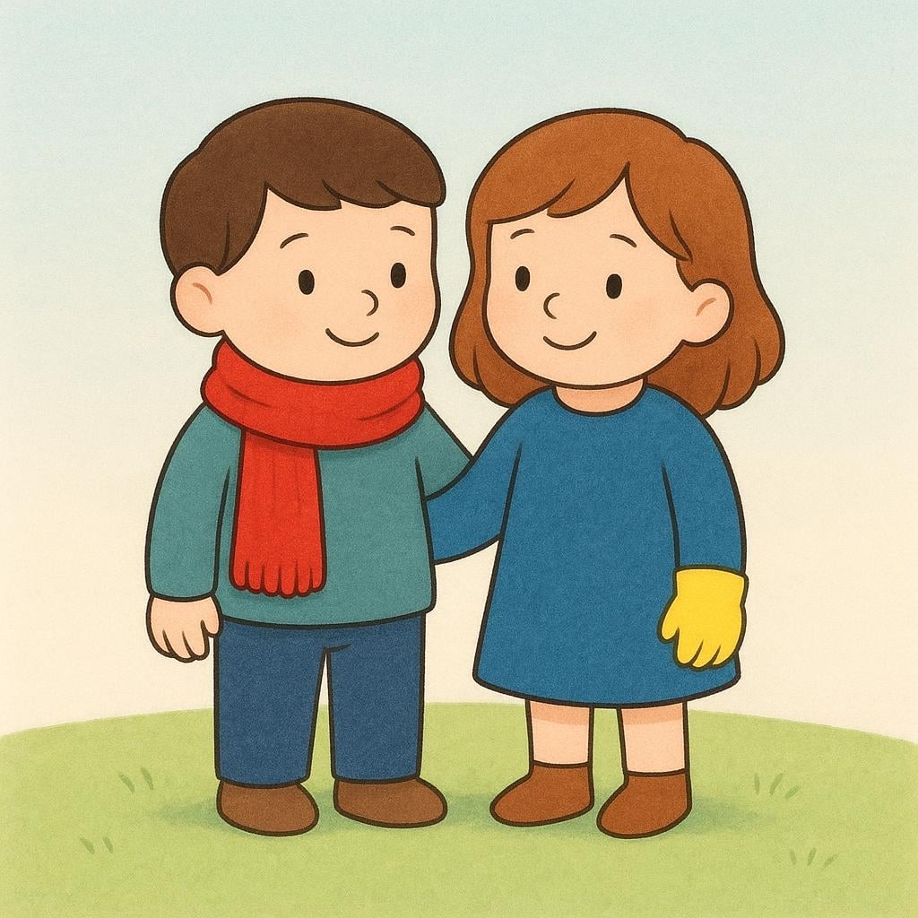 A pair of friends standing together. One figure is clearly wearing a vibrant red scarf, and the other is wearing bright yellow gloves.
