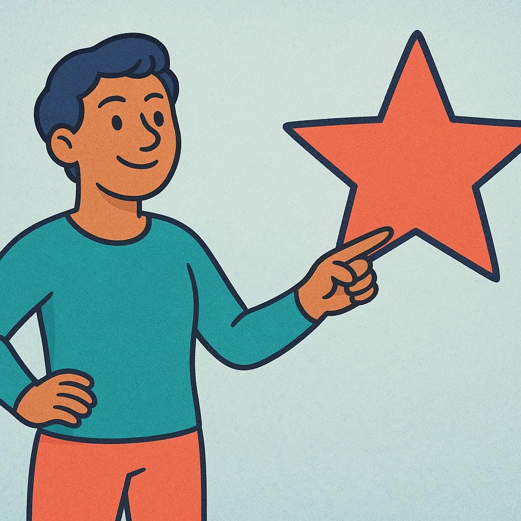 A person stands confidently next to a large, stylized star drawn on a wall, pointing at it firmly, representing a strongly held past belief.