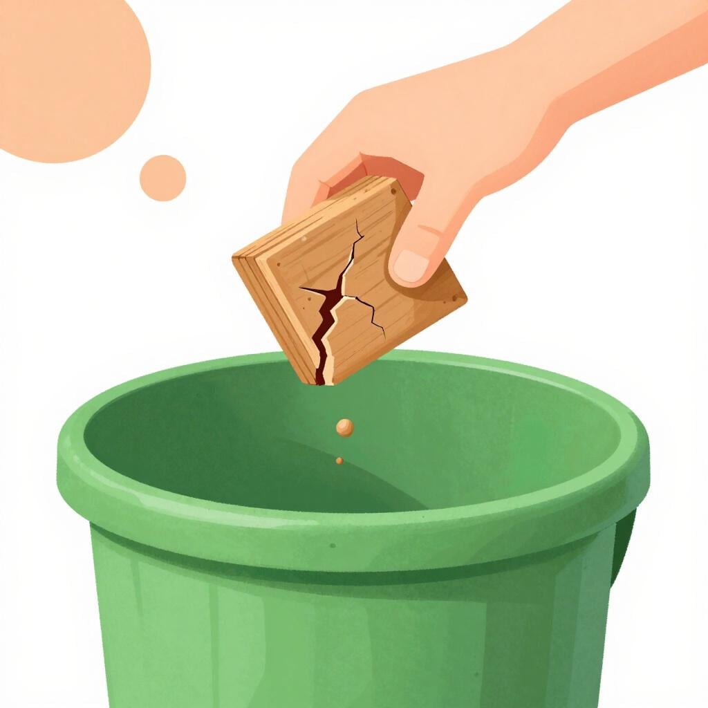 A hand placing a broken, old toy into a recycling bin.