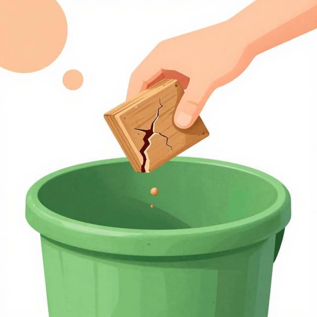 A hand placing a broken, old toy into a recycling bin.