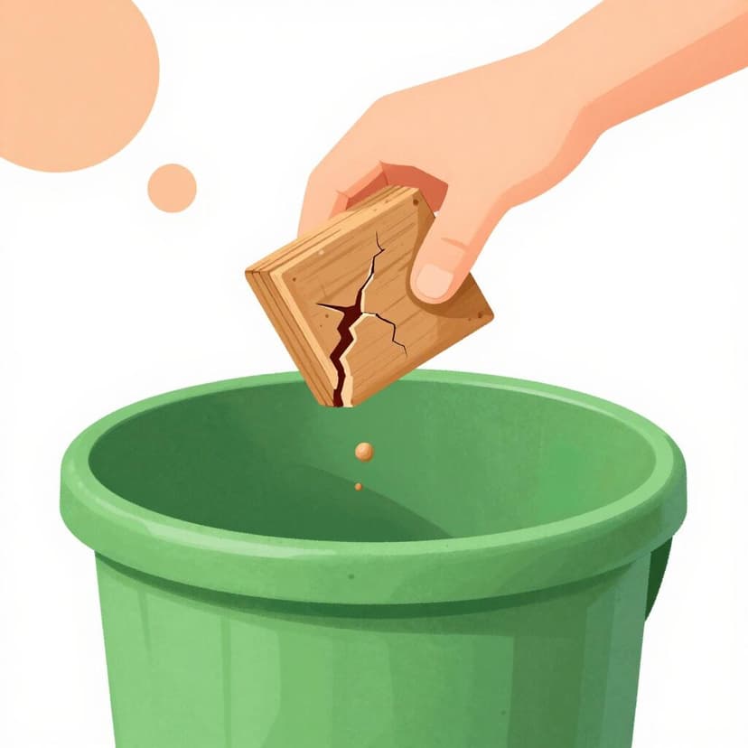 A hand placing a broken, old toy into a recycling bin.