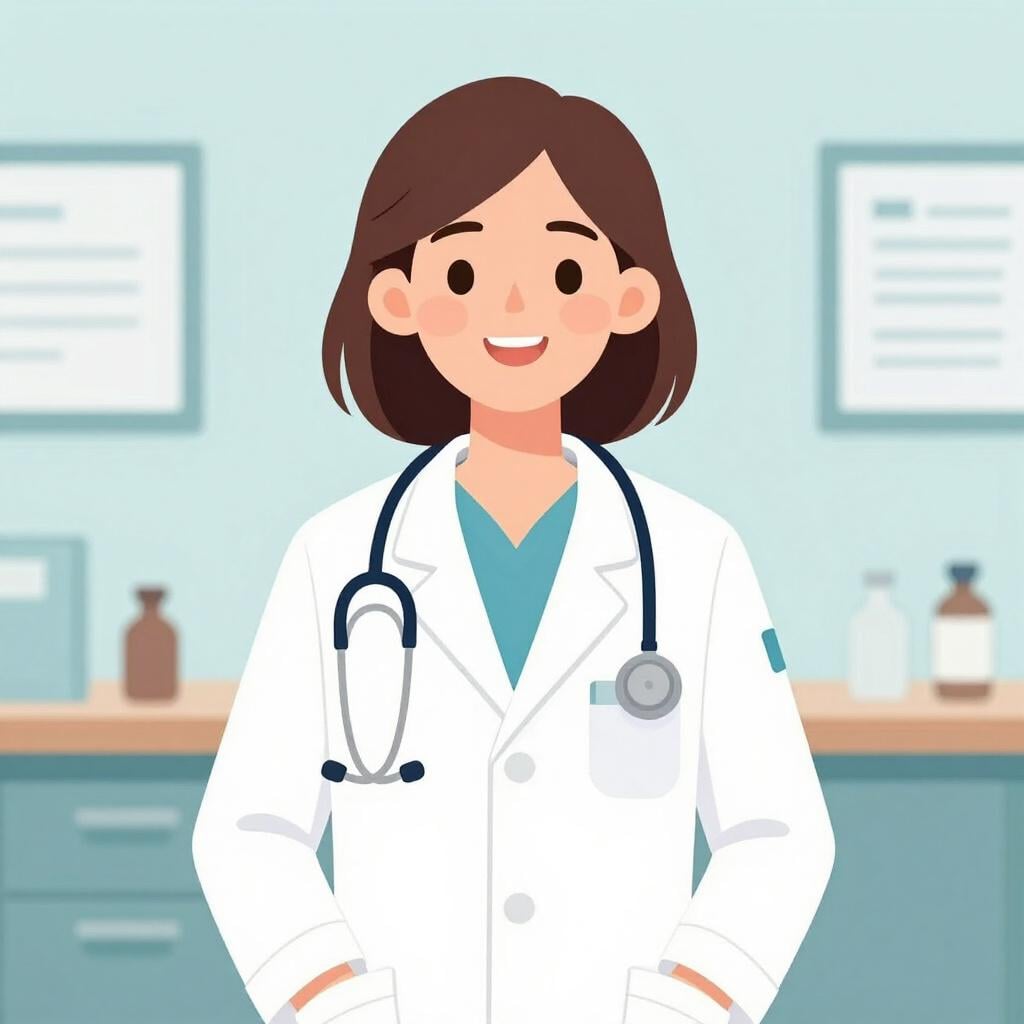 Uma médica sorridente vestindo um jaleco branco e um estetoscópio ao redor do pescoço.