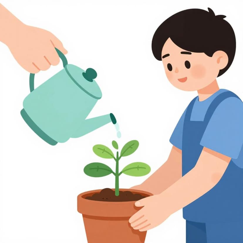 A person gently watering a small, green potted plant with a simple watering can.