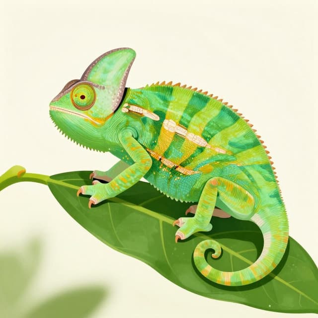 A chameleon changing its color to match a green leaf it is sitting on.
