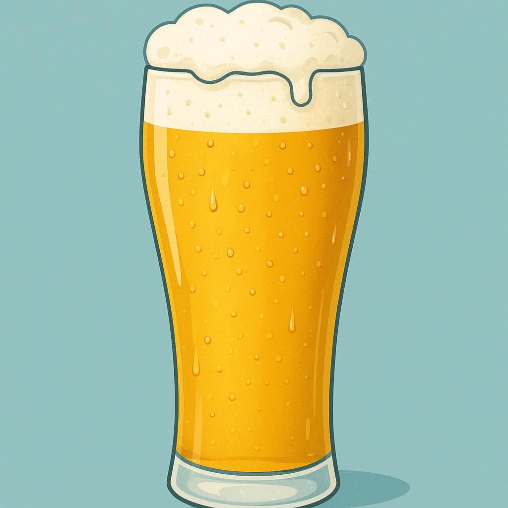 A tall, slender glass filled with golden beer, topped with white foam, showing visible condensation droplets on the outside.
