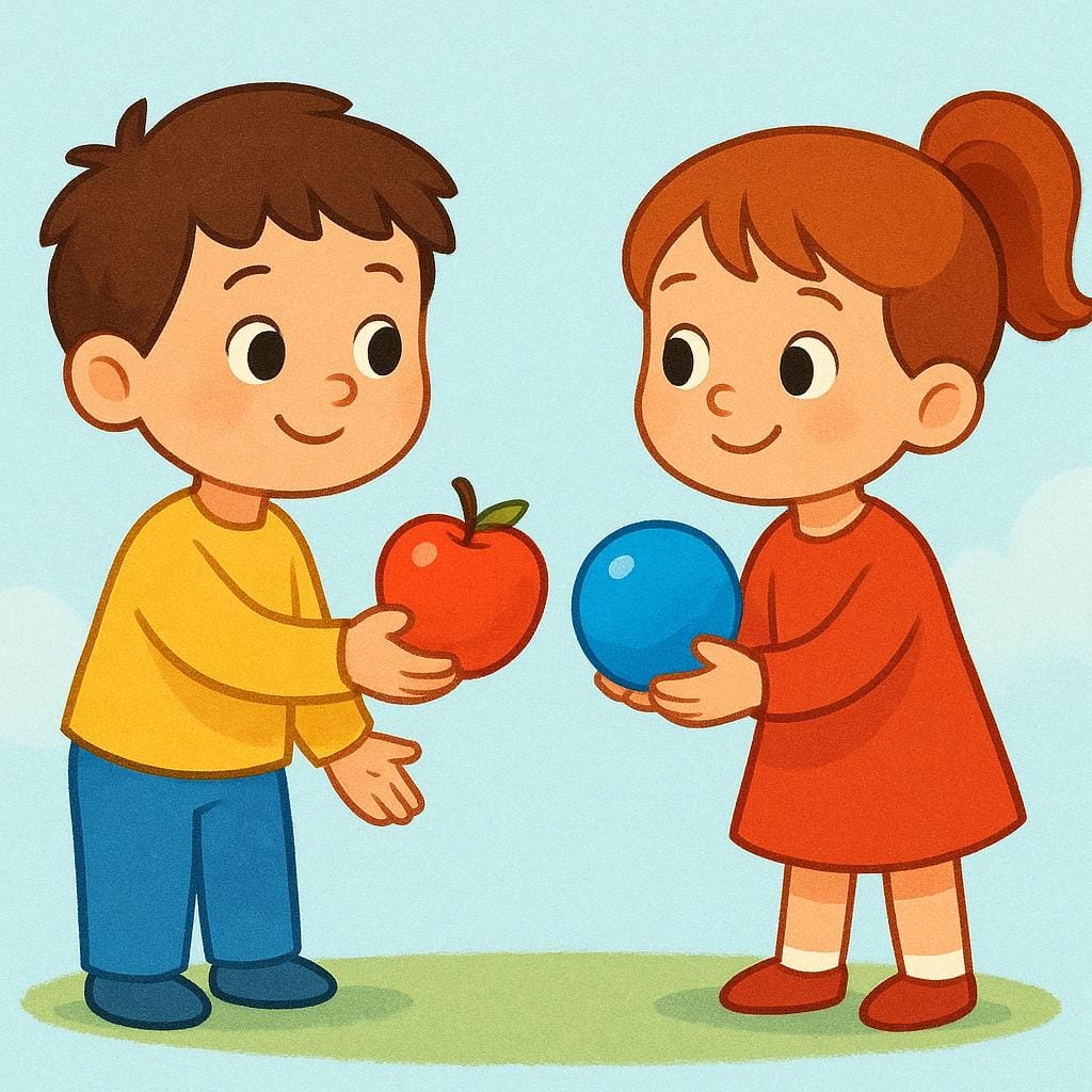 A colorful illustration showing two cartoon characters, one handing a red apple to the other, who is simultaneously handing a blue ball back, illustrating a simple trade.