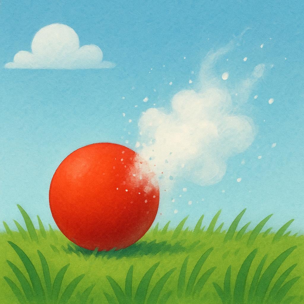 A single, bright red ball resting on a patch of green grass, actively dissolving into a puff of white smoke or mist.