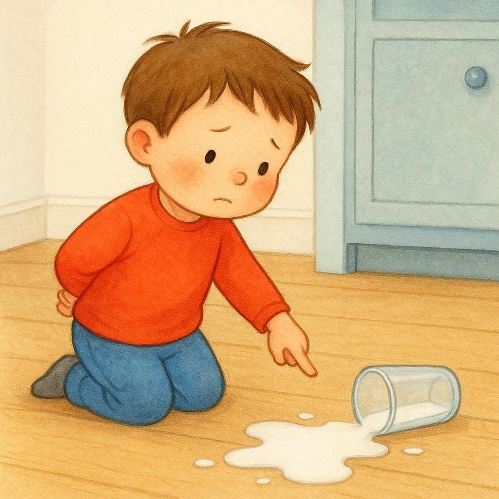 A small child looking slightly ashamed while pointing at a spilled glass of milk on the floor, accepting responsibility for the accident.
