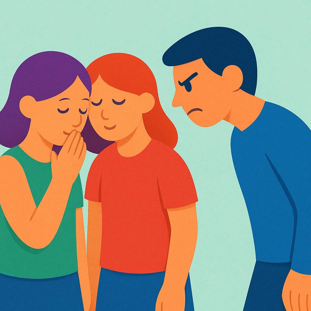 An illustration showing a third person intruding physically into a private conversation between two other people.