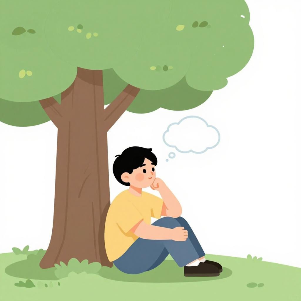 A person sitting quietly under a tree with a thoughtful expression, looking up at a single small cloud above their head.