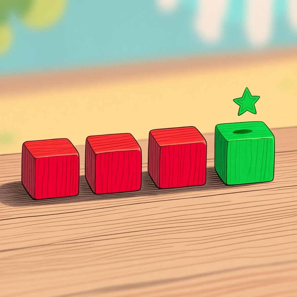 Four identical, colorful toy wooden blocks lined up in a row. The fourth block in the sequence is distinctly highlighted to show its position.