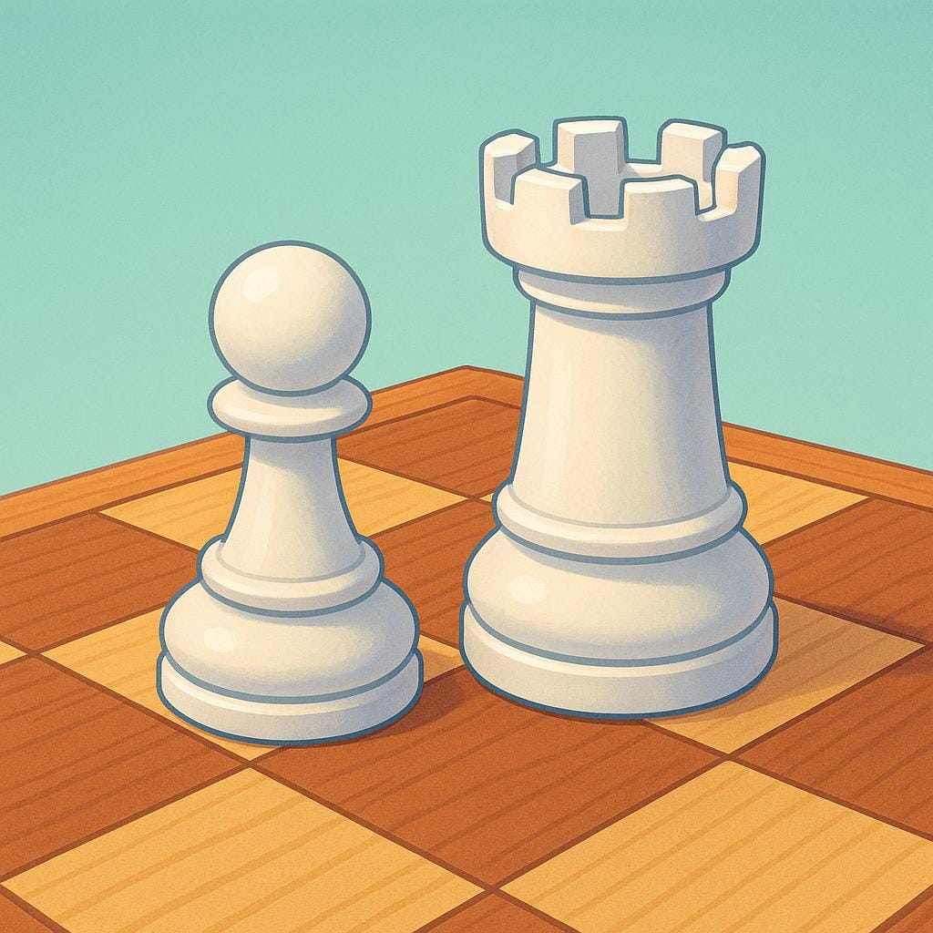 A simple white chess pawn and a white chess rook standing on a brown and cream checkered wooden chessboard.
