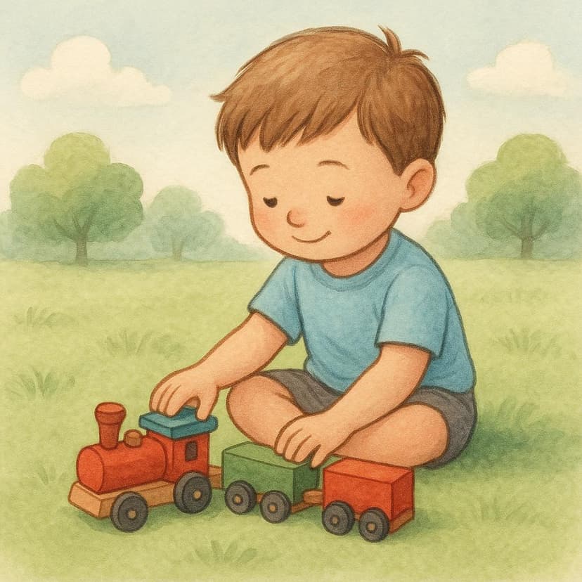 A child in a sunlit field happily playing with a wooden toy train, captured in a nostalgic style.