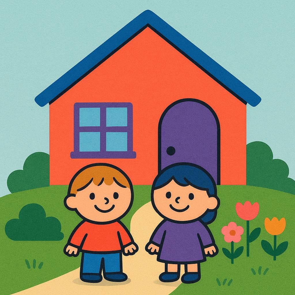 Two small, smiling figures standing outside a brightly colored, cozy home, illustrating residence.