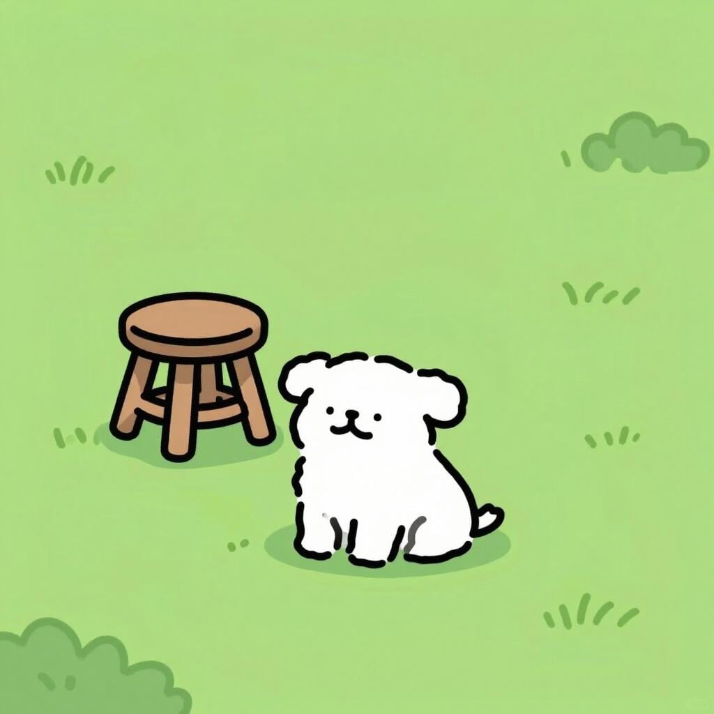 A cute cartoon dog sitting in a grassy park next to a small brown pile.