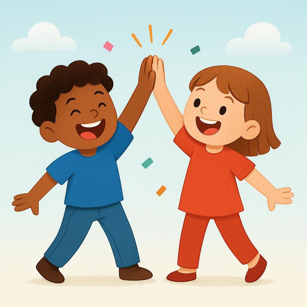 A high quality illustration depicting two cheerful people giving each other a high-five, celebrating a success.