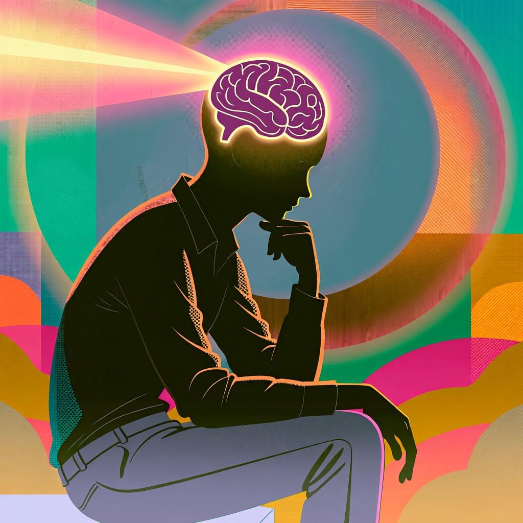 A stylized silhouette of a person sitting calmly with a soft, bright glow emanating from within the head area, symbolizing deep thought.