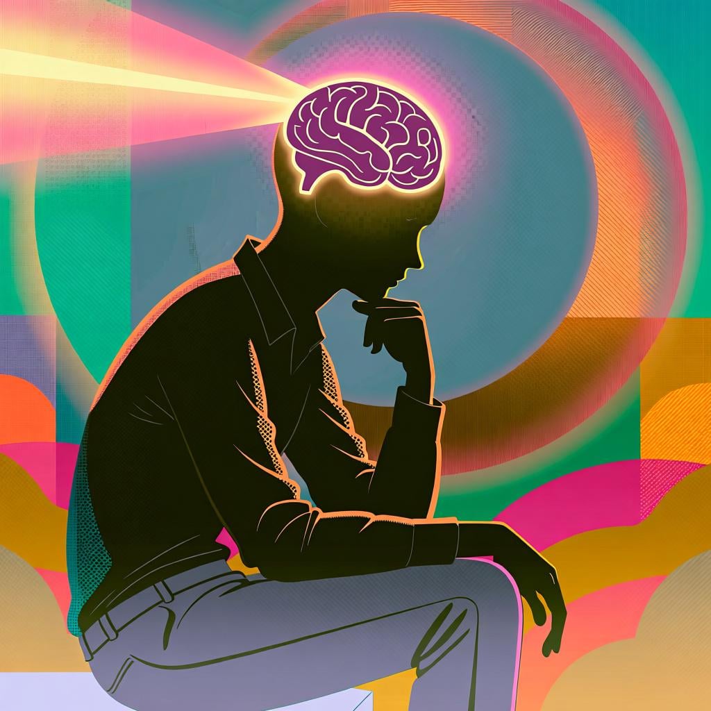 A stylized silhouette of a person sitting calmly with a soft, bright glow emanating from within the head area, symbolizing deep thought.