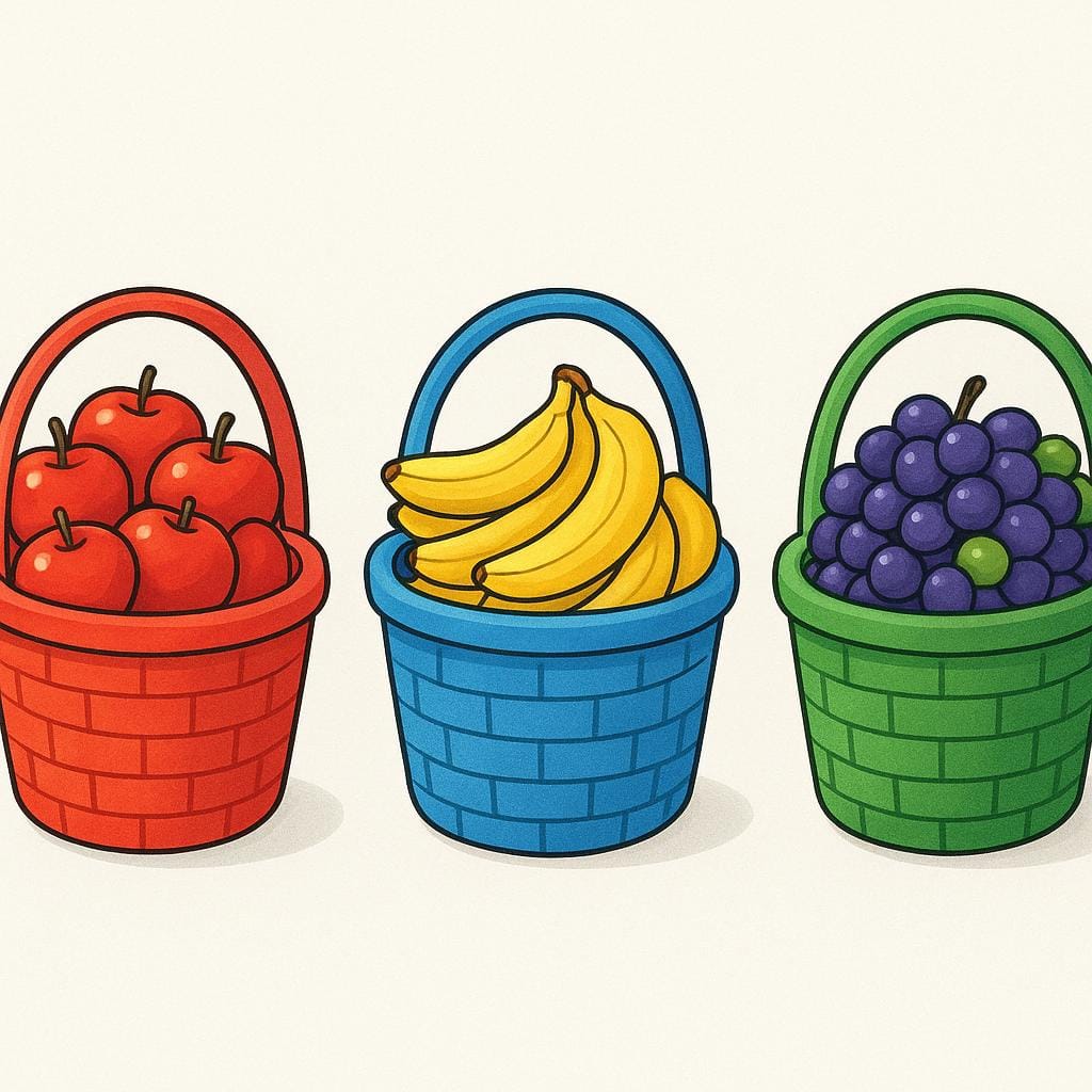 A colorful illustration showing three small, woven baskets lined up. The first basket is perfectly filled with red apples, the second is perfectly filled with yellow bananas, and the third is perfectly filled with purple grapes, indicating sufficient quantities of each.