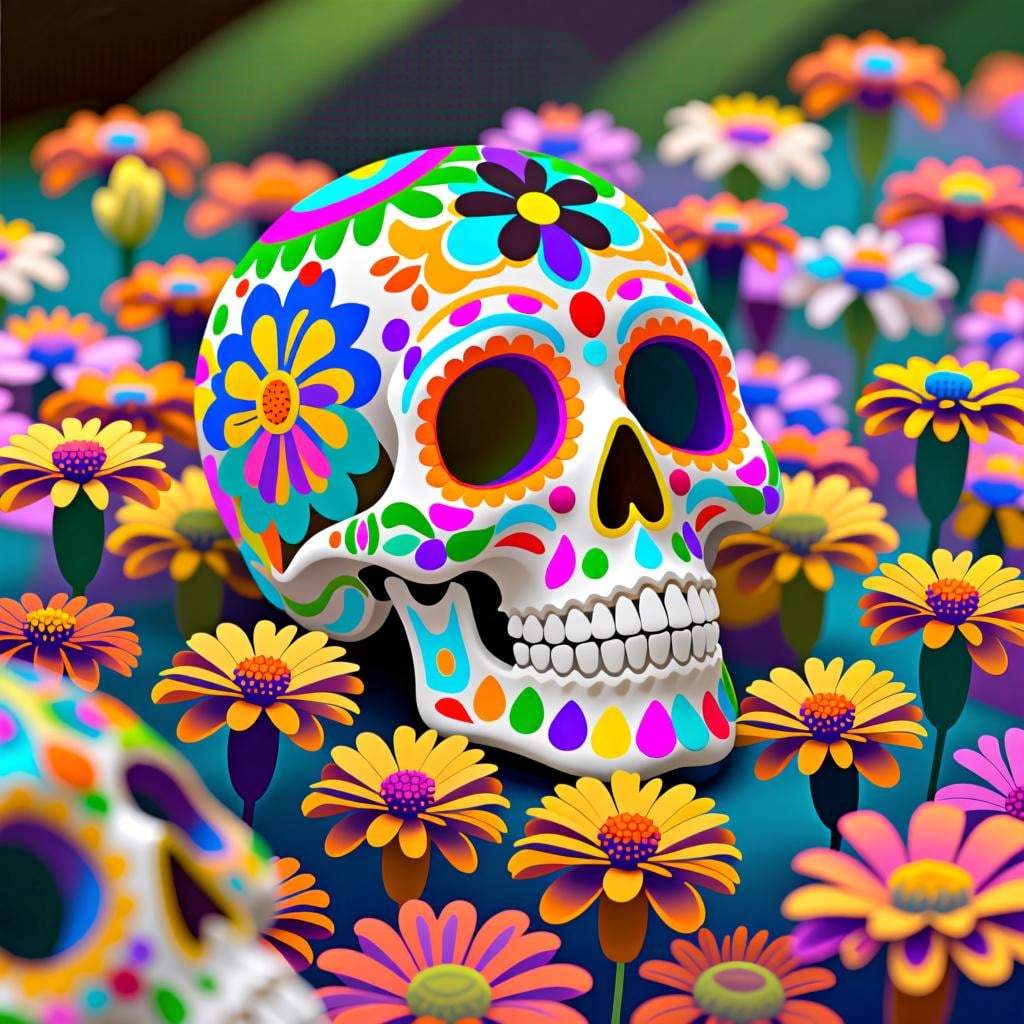 A brightly decorated sugar skull resting on a bed of vibrant orange marigold flowers, symbolizing a deceased person.