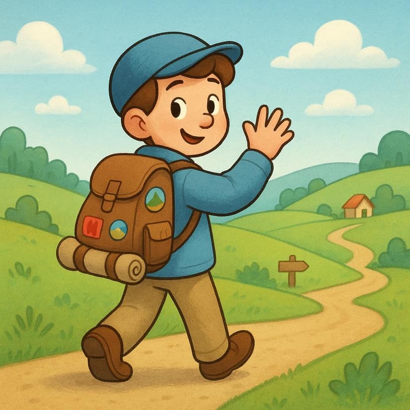 Eine fröhliche Zeichentrickreisende mit kleinem Rucksack geht auf einem gewundenen Pfad in den Hintergrund und winkt über die Schulter zurück.