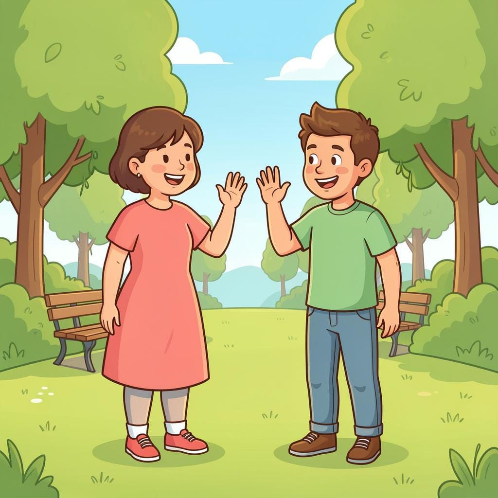 Due amici che sorridono e si salutano in un parco, mostrando che si conoscono.