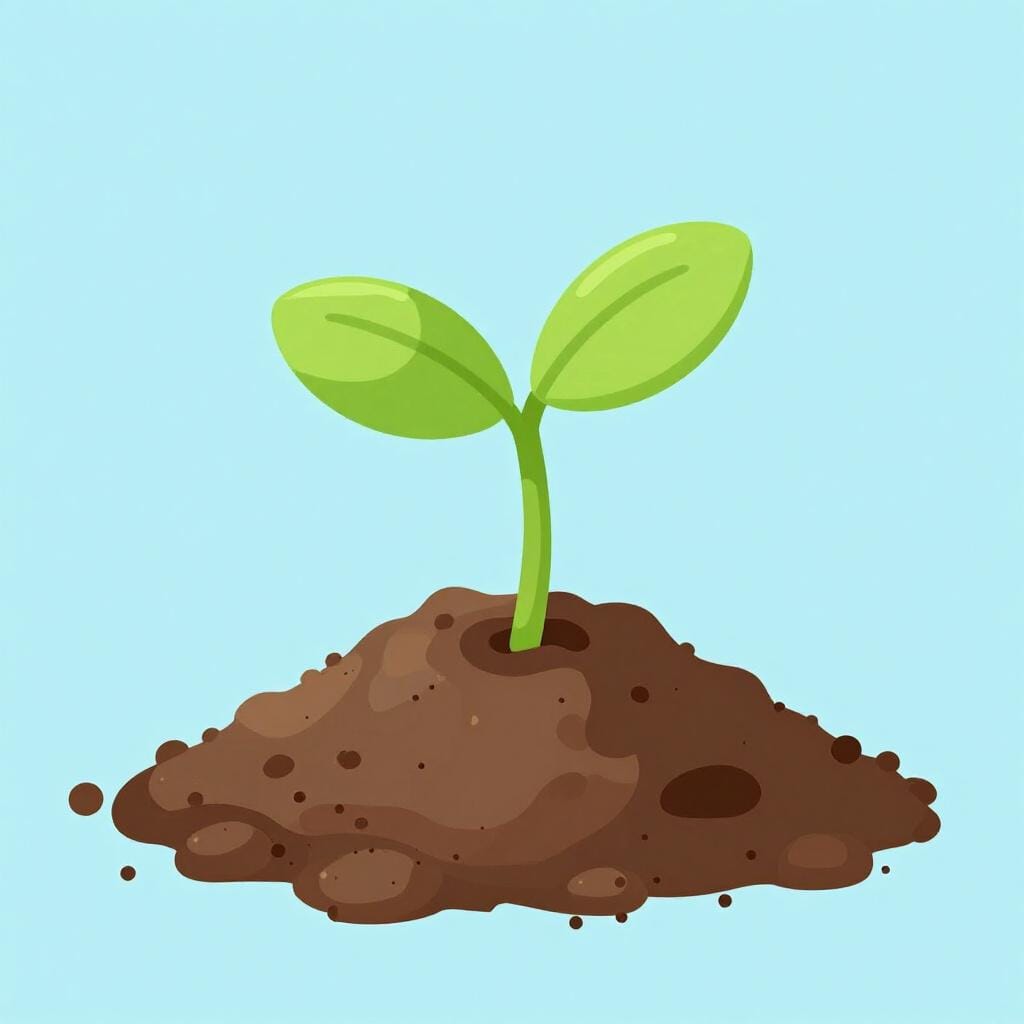 Ein kleiner grüner Spross, der aus einem Haufen dunkler brauner Erde wächst.