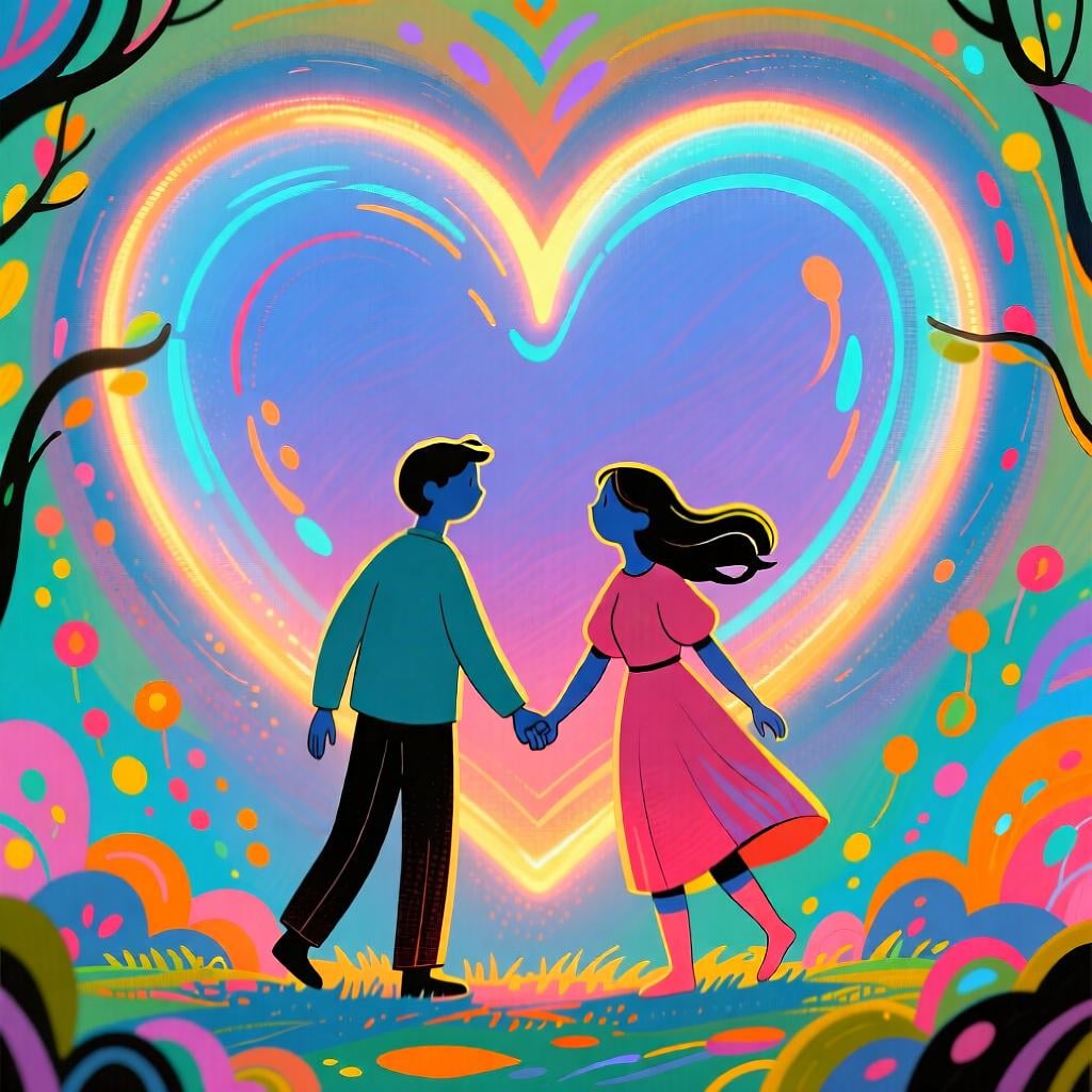 Two stylized figures holding hands under a large, glowing heart, symbolizing strong emotional importance or meaning.