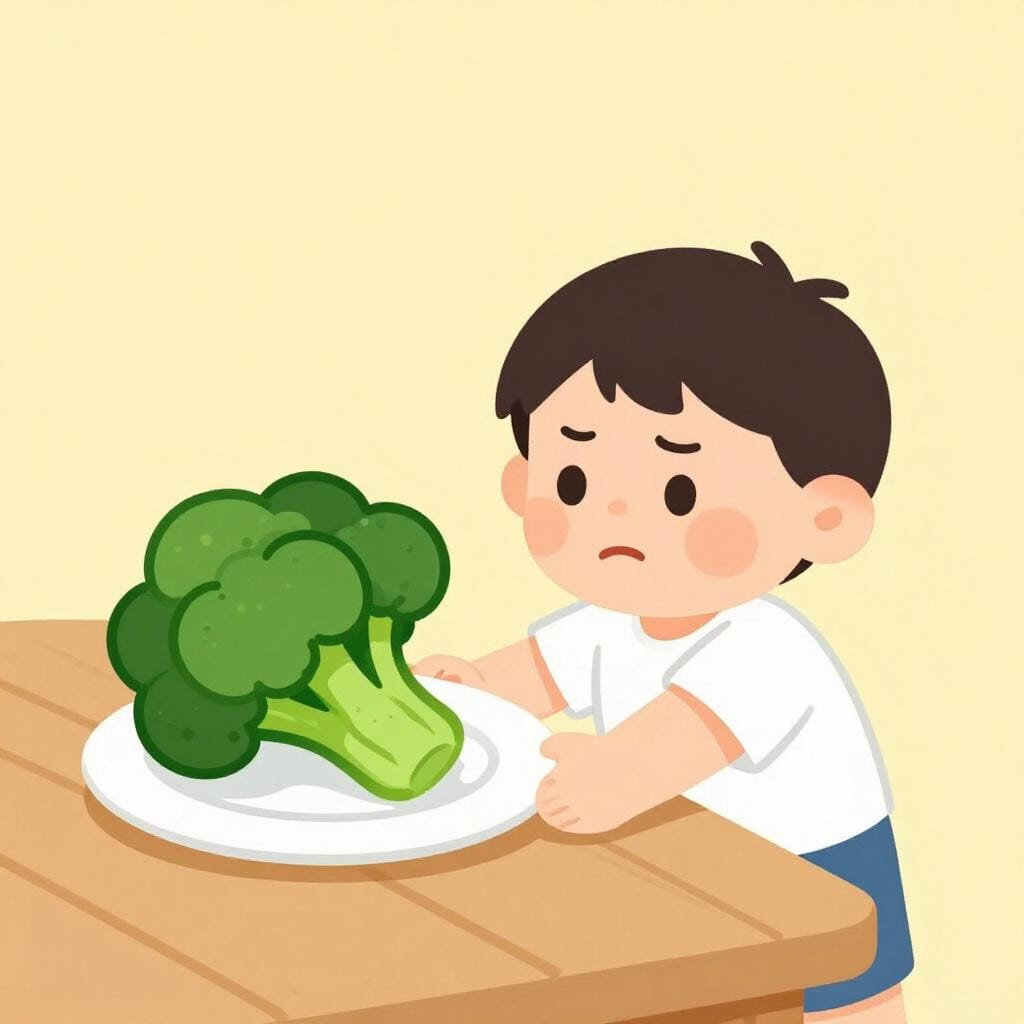 A young child sitting at a table making a displeased face and pushing away a plate of broccoli.