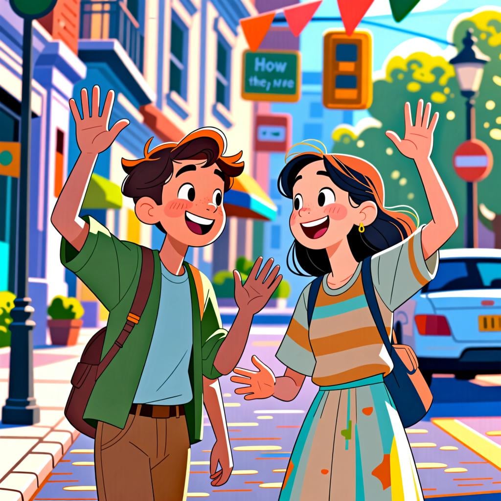 Two friendly people smiling and waving at each other on a sunny street, one asking the other how they are doing.