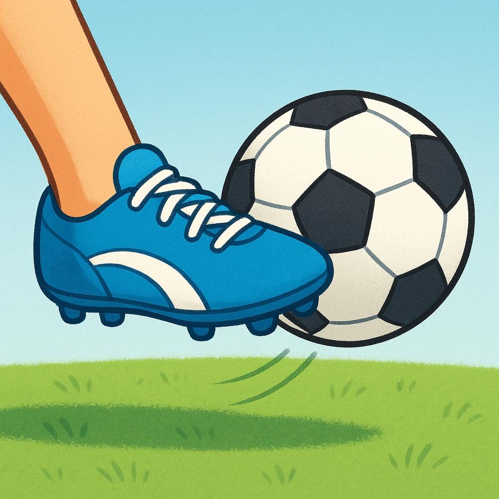A person's foot wearing a soccer cleat powerfully connects with and kicks a red and white soccer ball on a green field.